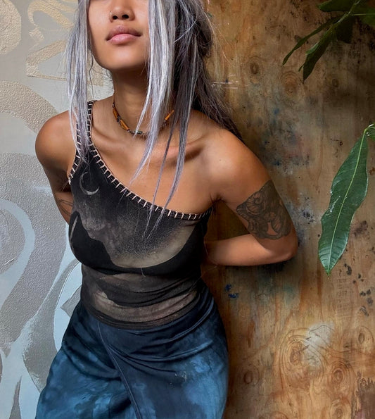 New! RTS Small- Charcoal Midnight Desert- One Shoulder Top - Hand Embroidered- Organic 96% Cotton 4%spandex