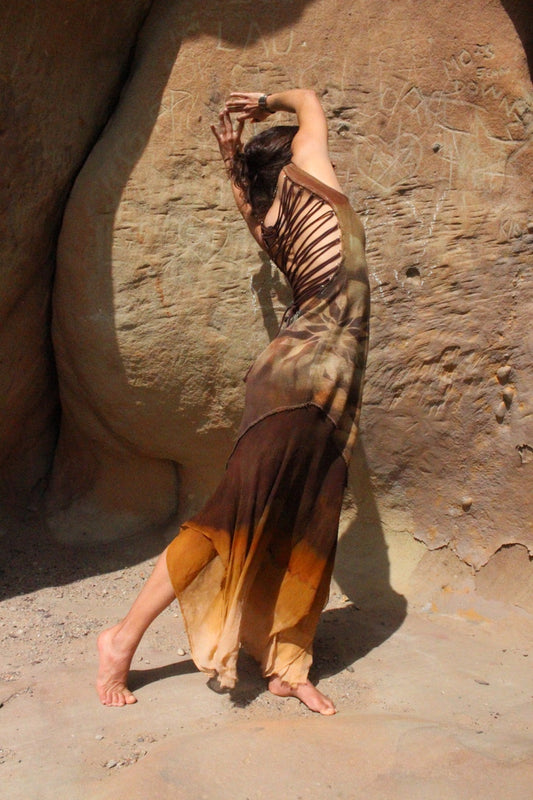 Small- The Landscape Mermaid Tail Dress - intricate Adjustable String Back -OOAK - With Silk chiffon hemmed mermaid tail