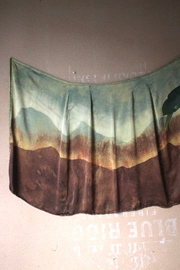 M/L/XL - Mountain Serenity Tapestry landscape wrap skirt - Green/Yellow hues orange peel wast sillk fabric