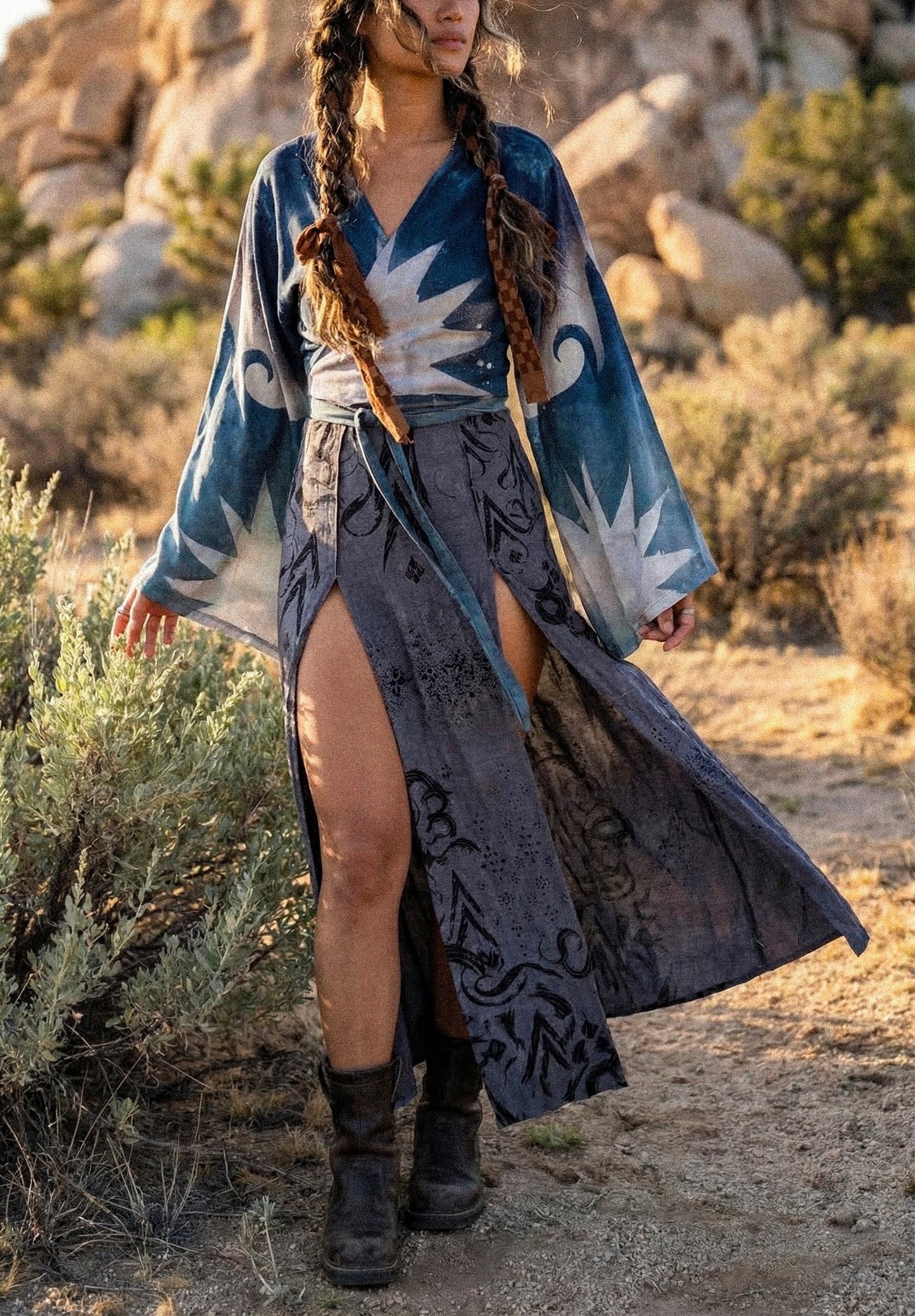 2 RTS- S/M Blue Celestial Burst Temple Swirl - Kimono Wrap Top-- Made From Lotus Agricultural waste "Silk" (Copy)