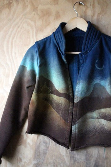 XS -Midnight Landscape - Crescent Moon - Cropped Cadet Jacket - 100% Cotton french Terry Thick sturdy heavy weight - warm - Deadstock fabric - High collar-