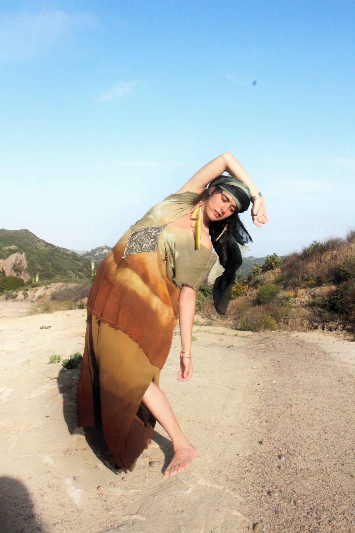 S/M/L - Golden hour Landscape - Henka Dress Maxi dress- Silk Chiffon skirt hem- Vintage handwoven hmong hill tribe tapestry center embellishment - Tie backs For pulling back