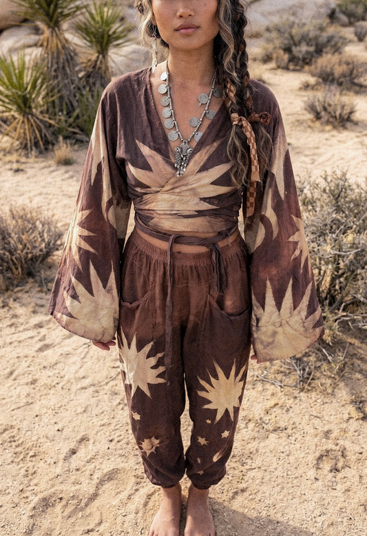S/M- Mauve Starburst -Kimono Wrap Top- RTS- Regal/Casual - Bell sleeves- Made From Lotus Agricultural waste "Silk"