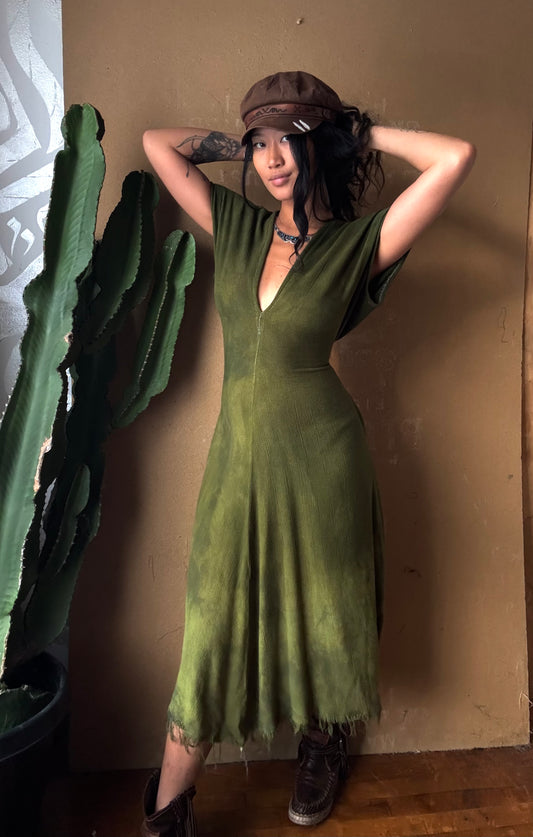 Petite(XS/S/M) - The Moss Henka Dress- Maxi or Midi option -Made to Order (2 weeks) Limited Series- Olive Green Henka Dress - 100% Novelty Cotton - Deadstock Fluid and very soft&textured - limited series- hand dyed in studio