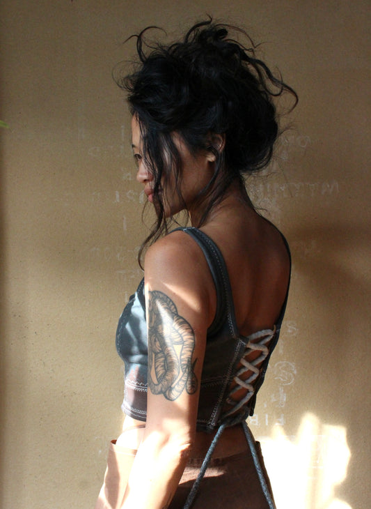 New! Ready To Ship - 1 Medium -Blue/Brown The Rug Spell Corset Top- OPen adjustable back