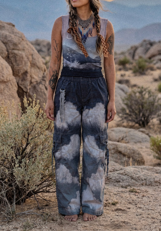 1 Small - Fits Size 2- 4- Blue Skies Cargo Pants - 100% Cotton - Upcycled - Regenera-zhinh - Stretch Waist