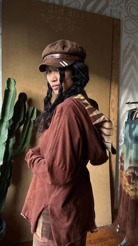 Medium -Terracotta Clay plain solid with Mountain print hood - Slouchy Long sleeve Hoodie - Oversized Hoodie - 100% Triple layered Cotton heavy weight cotton Gauze - Cotton thermal stretch sleeves