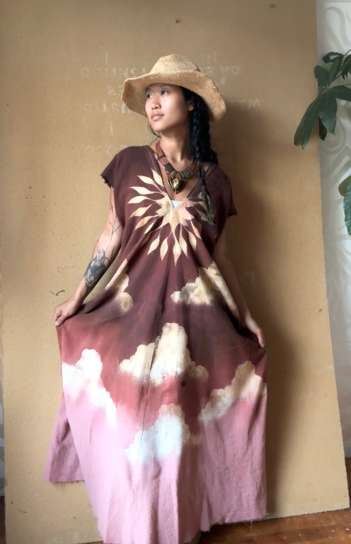 S/M/L Deep Mauve Heart Burst - Henka Dress - 100% Cotton Deadstock -Tie Back Open Weave Fabric - Long Maxi (on 5.5ft model)
