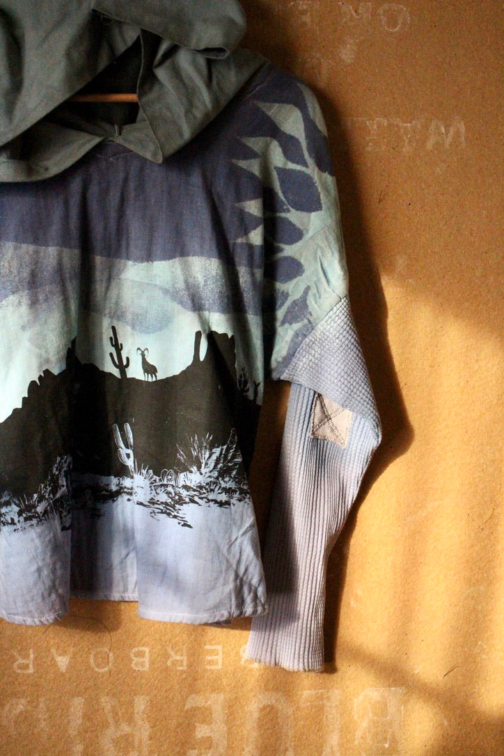 Small/Medium - Desert Blues -Slouchy Long sleeve Hoodie - Oversized Hoodie - 100% Triiple Layered heavy weight oRganic cotton Gauze - Warm - Cotton open weave sleeves and hood (Copy)