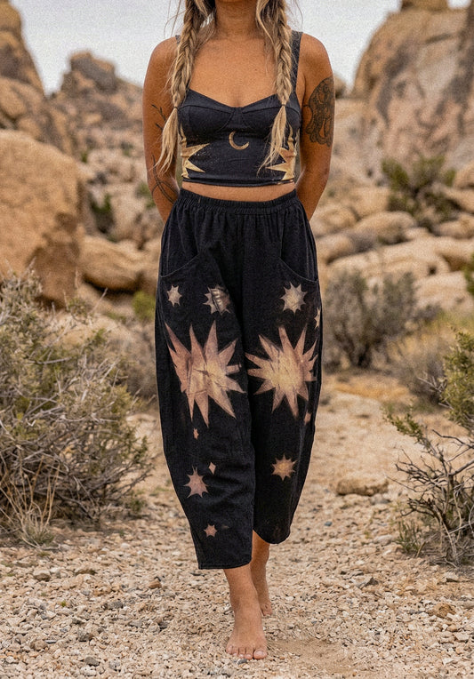 Black star night sky lotus parachute pants custom for Prriiiankkaa 🌚 size L/XL- with moon