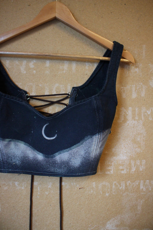 Small Cropped Midnight Corset Bustier Top- 100% Organic Thick heavy weight french terry cotton - with vintage 70's Hmong Hilltribe Vietnamese woven tapestry