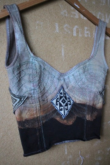 XS/S - Continuum/Integration Corset Top - Vintage 70's Handwoven Vietnamese patches - Adjustable back