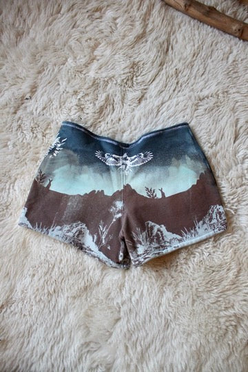 Small - Canyon Blues Bootie Shorts- Owl - THick French terry cotton heavy weigth sturdy durable -Screenprinted