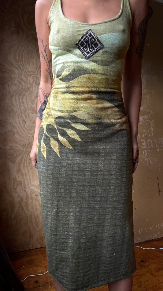 New! Small/Medium - Green Emerald Lunadala Dress- 100% Unique Gridded Cotton - Integration Collection- Vintage VietnameseHmong Hill tribe tapestry patch