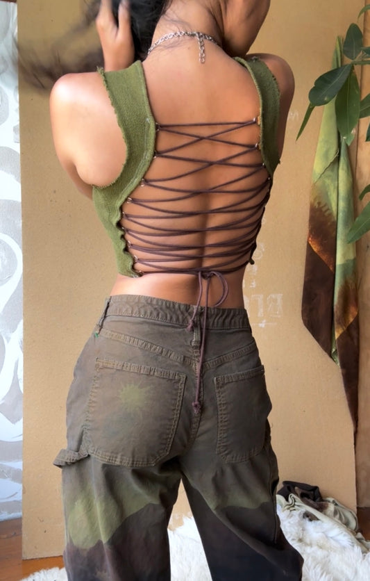 Small- Agave Crop Top - Tie Back - 100% knitted cotton - Thick strudy heavy weight deadstock fabric - hearty - tie back ajustable back