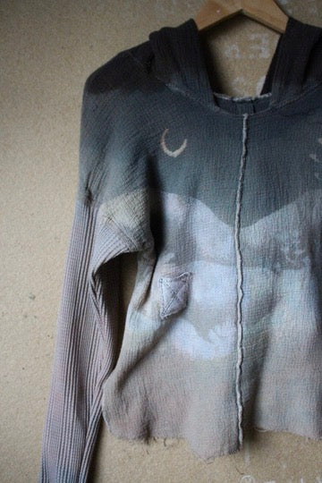 XS- ITs a Moody Day Hoodie Longsleeve top -OOAK - Cotton Thermal sleeves- - Oversized Hood- 100% open weave Cotton - Deadstock fabric lightweight and warm