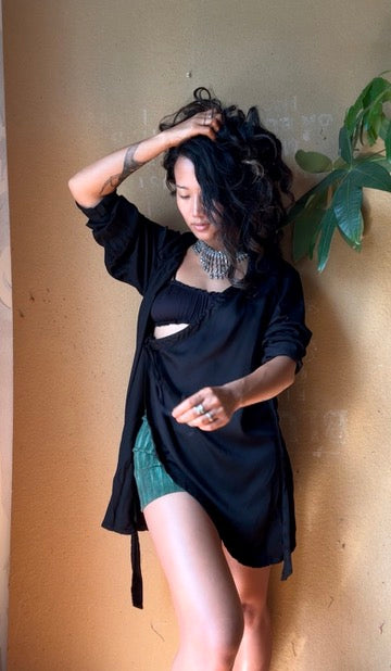 Made To Order 3/4 Weeks - BLACK Wrap Top/Cover Up - Zhinh basics -Organic Lotus/Aloe or Banana cotton Fabric S/M-M/L- Made to Order-Choose your Plant Medicine Fabric