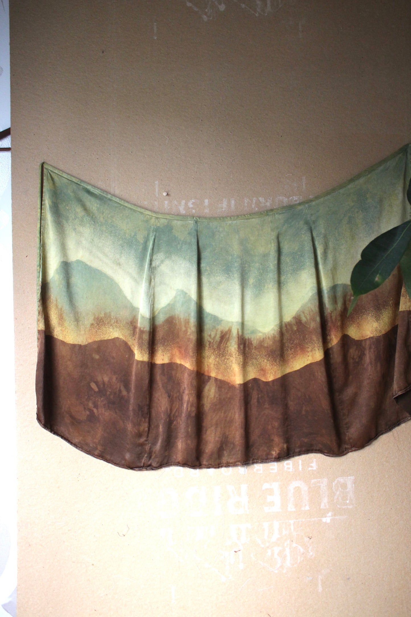 M/L/XL - Mountain Serenity Tapestry landscape wrap skirt - Green/Yellow hues orange peel wast sillk fabric