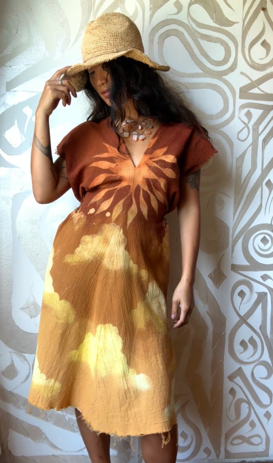 Petite(Fits XS/S/M) - RISE N SHINE Sun Dress- Mini Henka Dress- deadstock fabric - 100% open weave cotton - tie back transformable cinch waist