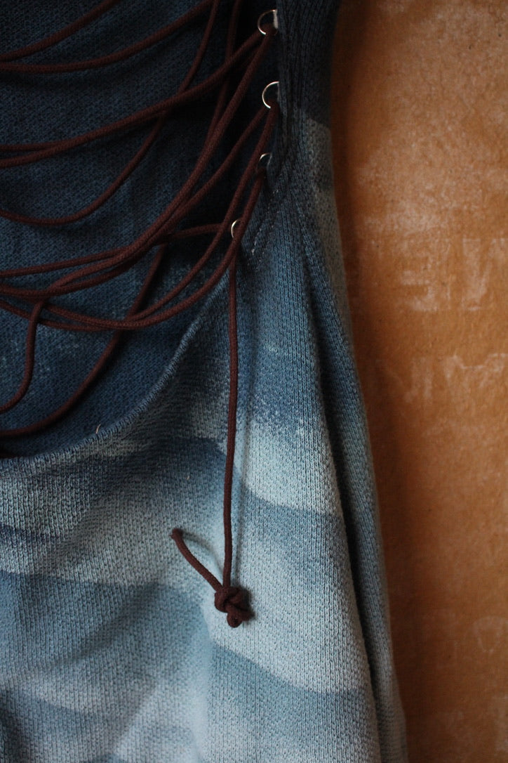 Small - Blue Ridge Mountains Dress - Side slits - Tie Back - Made from 100% Heavy weight knitted cotton - Blue dreams