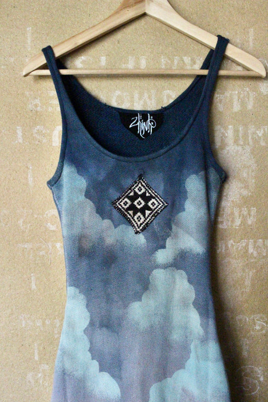 Small - Grand Horizons Tank Dress - Organic Cotton French Terry - dead stock fabric- Hmong hill tribe Vietnamese 70's patch