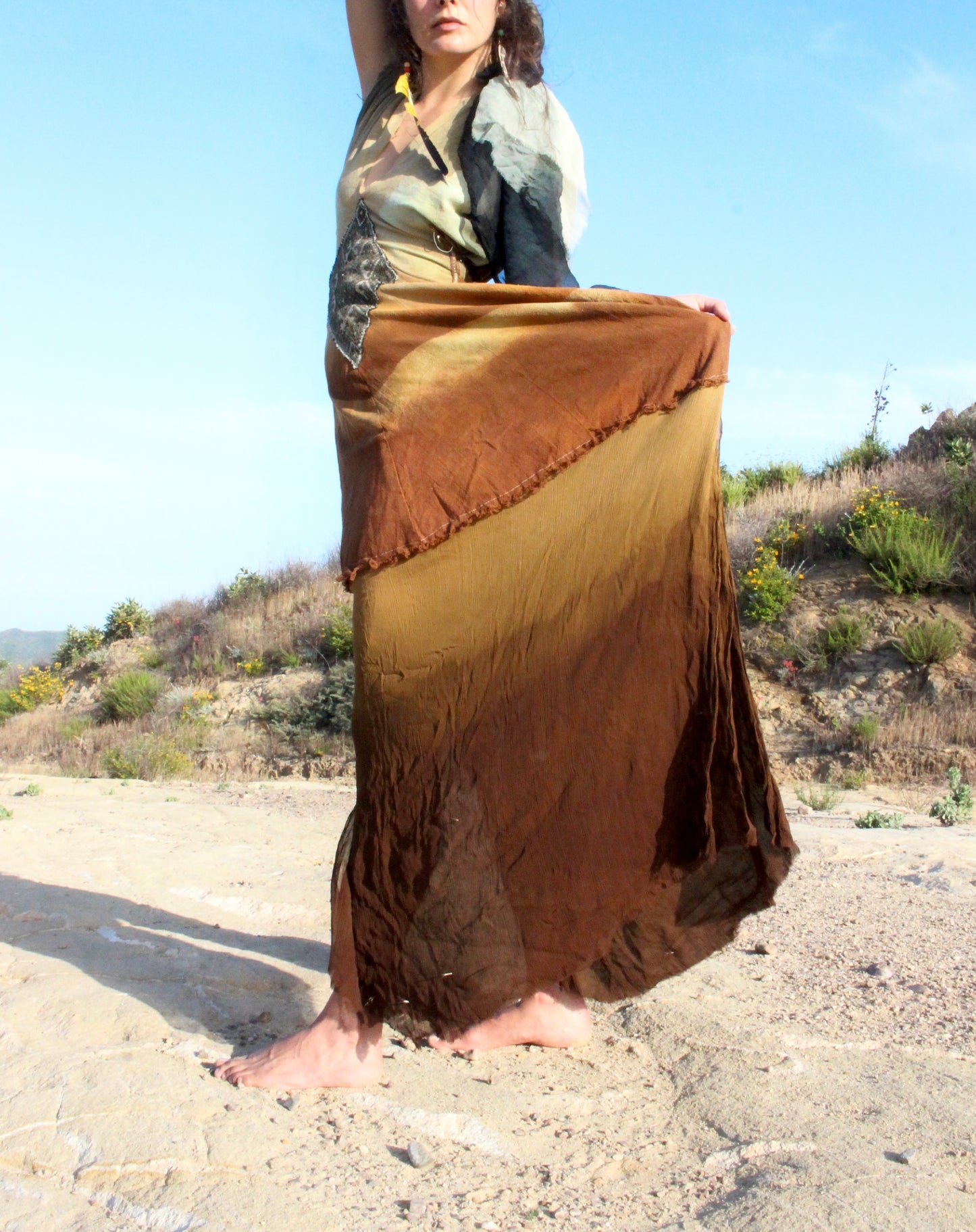 S/M/L - Golden hour Landscape - Henka Dress Maxi dress- Silk Chiffon skirt hem- Vintage handwoven hmong hill tribe tapestry center embellishment - Tie backs For pulling back