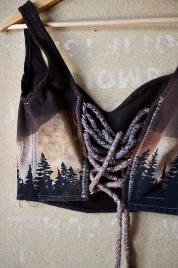 Small - Dark Night Corset Top - Trees landscape - crescent moon- 100% organic heavy weight thick strong french terry - Sturdy
