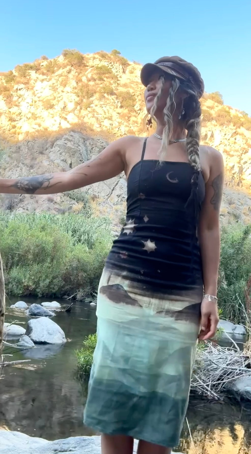 Small - Midnight Glowing Misty Mountains- Dress - Tie Back & Zipper - 50% Linen 48% Rayon 2% Spndx - Adjustable Straps-Upcycled Regenerazhinh -OOAK