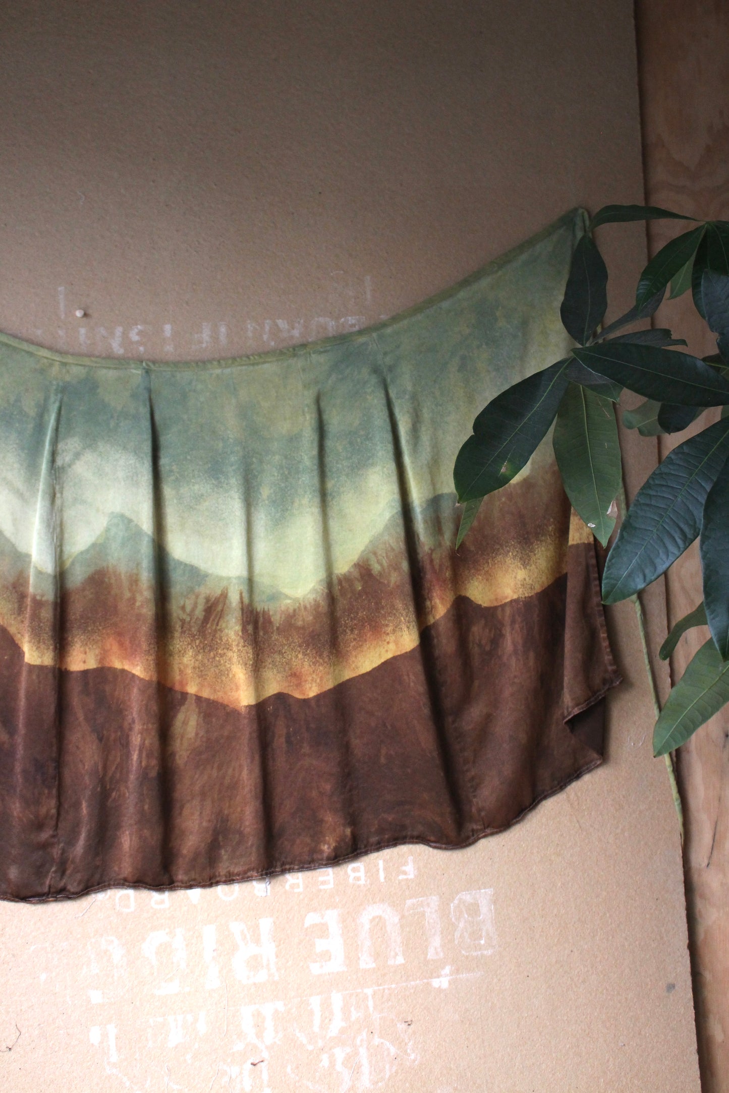 M/L/XL - Mountain Serenity Tapestry landscape wrap skirt - Green/Yellow hues orange peel wast sillk fabric