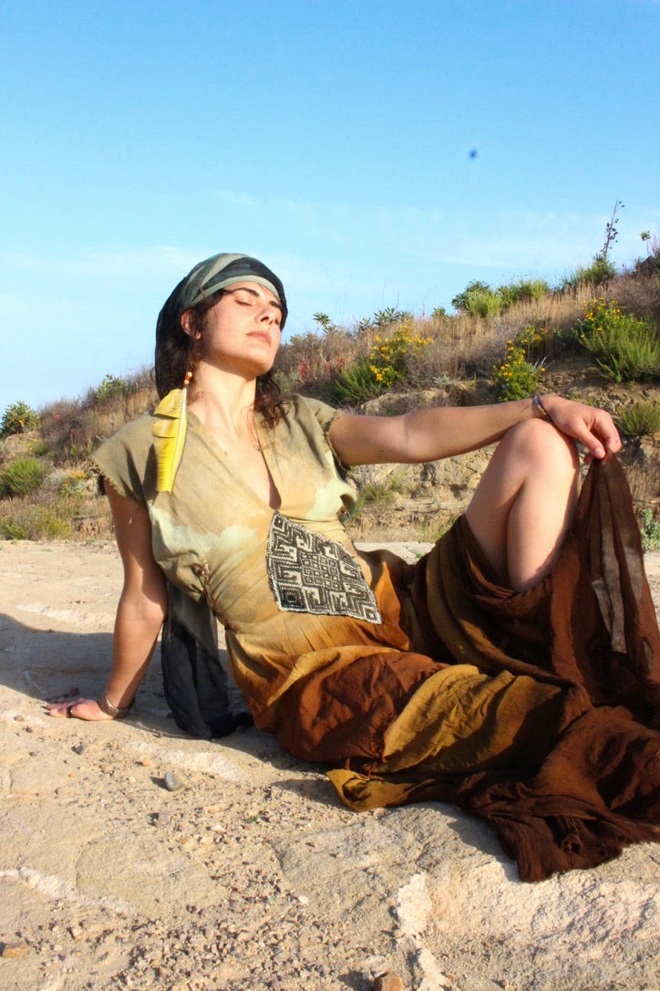 S/M/L - Golden hour Landscape - Henka Dress Maxi dress- Silk Chiffon skirt hem- Vintage handwoven hmong hill tribe tapestry center embellishment - Tie backs For pulling back