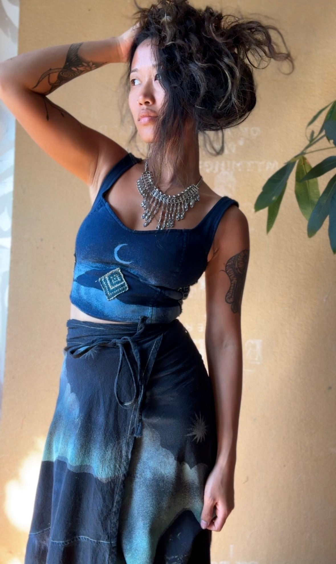 Fits Small & Medium Midnight Moon SET - Corset Top and Wrap Skirt - Vintage 70's Hmong HIll Tribe Vietnamese Patch