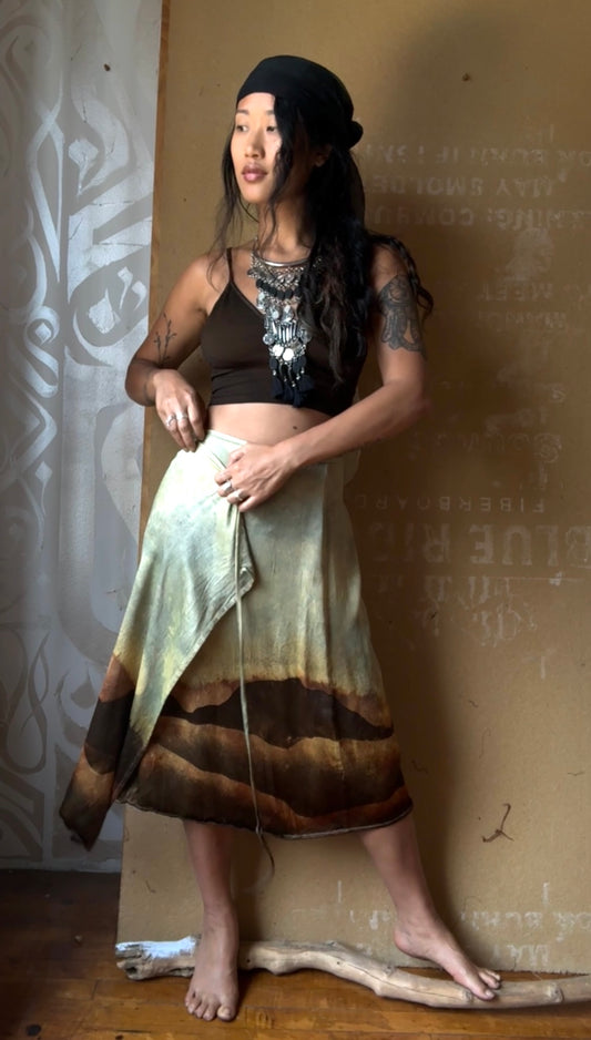 S/M - Mountain Hike Landscape Tapestry Wrap Skirt - Light Blue with evver slight green haze over sky - Orange Peel silk Wrap Skirt