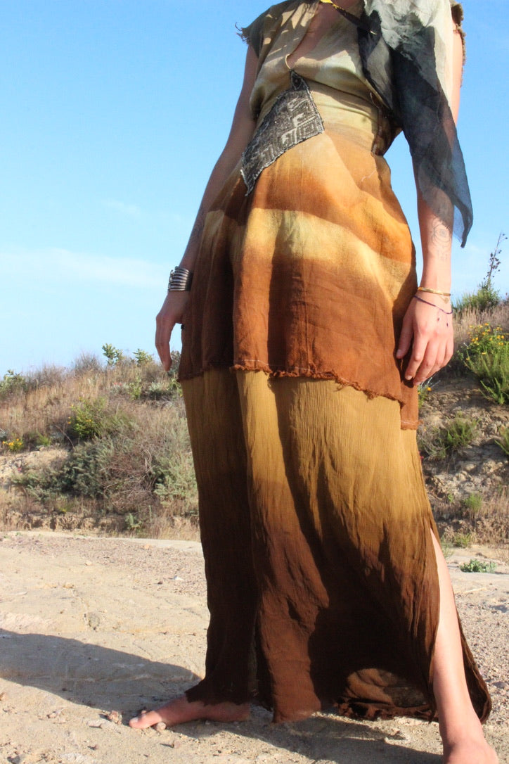 S/M/L - Golden hour Landscape - Henka Dress Maxi dress- Silk Chiffon skirt hem- Vintage handwoven hmong hill tribe tapestry center embellishment - Tie backs For pulling back