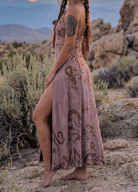Medium - Mauve Blush Dust Flow Print- Empress Slit Dress - Limited Series Darkoski Collaboration Dress- Bamboo/Cotton/4 Spndx