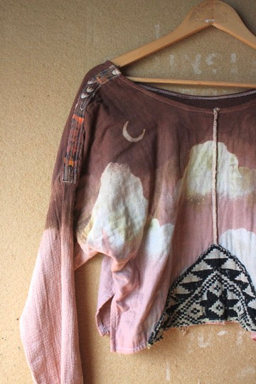 Medium - OOAK - Muave CLoudy Sky Slouchy Long Sleeve Top -Integration- 100% Heavy weight triple layered Cotton Gauze - Feather trim shoulders- Slight Crop. Vintage hmong hilltribe vietnamese patch hand woven