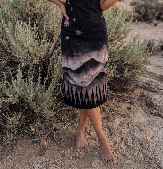 Fits Small -Medium - Black Mysteries of the Mountains Dress-Made From 50% Linen 48%Rayon 2 % Spndx - Tie Back adjustable and Zipper - Stretchy -Uplcycled