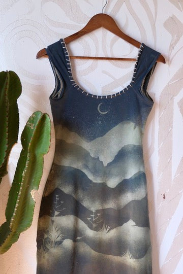 SMALL -Mountain Howl Basket Dress - OOAK - Hand Embroidered - Maxi Dress - 96% Organic Cotton 4% Spandex