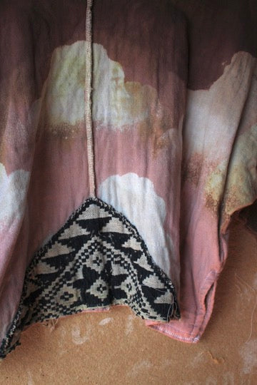 Medium - OOAK - Muave CLoudy Sky Slouchy Long Sleeve Top -Integration- 100% Heavy weight triple layered Cotton Gauze - Feather trim shoulders- Slight Crop. Vintage hmong hilltribe vietnamese patch hand woven