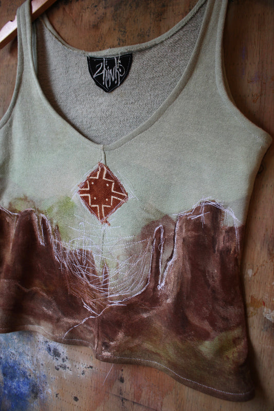 Medium Canyon- Free stitched and Hand Painted w/ Screen print fabric paint- Tank Top - Dead stock French Terry Cotton