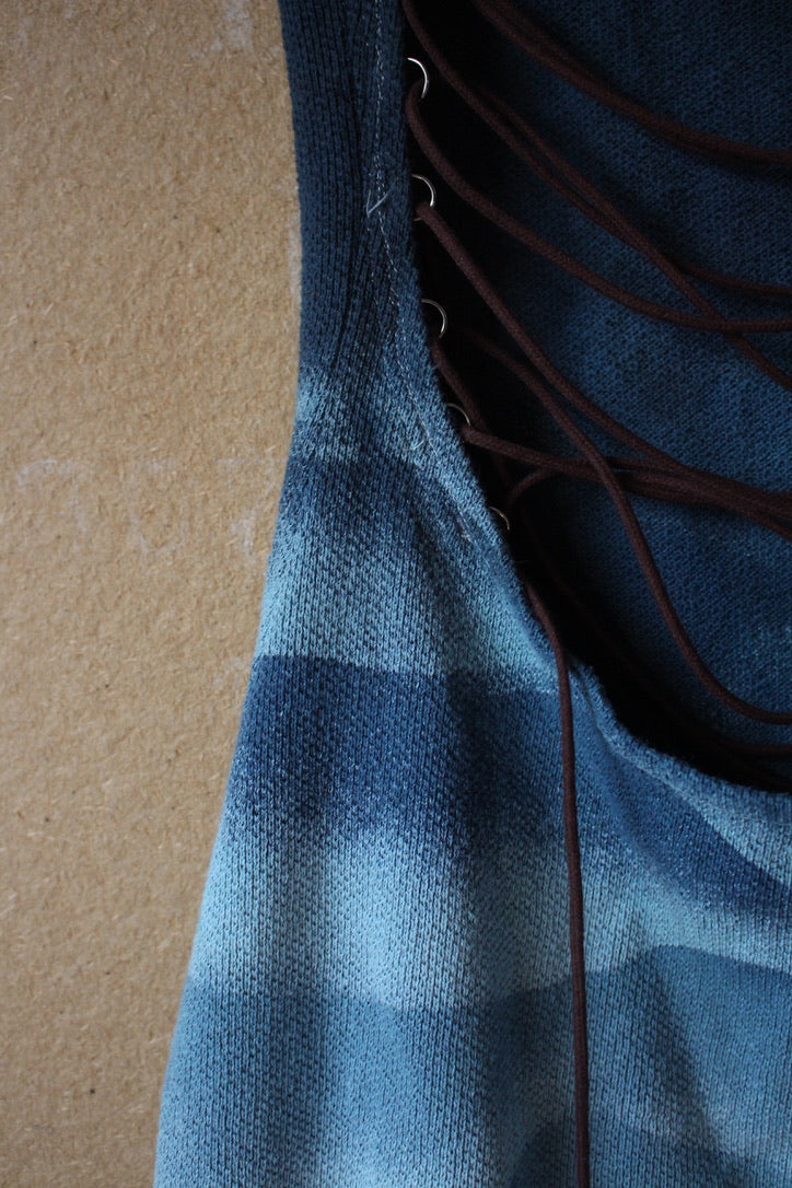 Small - Blue Ridge Mountains Dress - Side slits - Tie Back - Made from 100% Heavy weight knitted cotton - Blue dreams