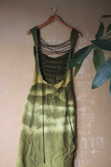 Small- Emerald Mountain scape Dress - 100% thick knitted cotton - Heavy Weight. - hearty - deadstock - tie back