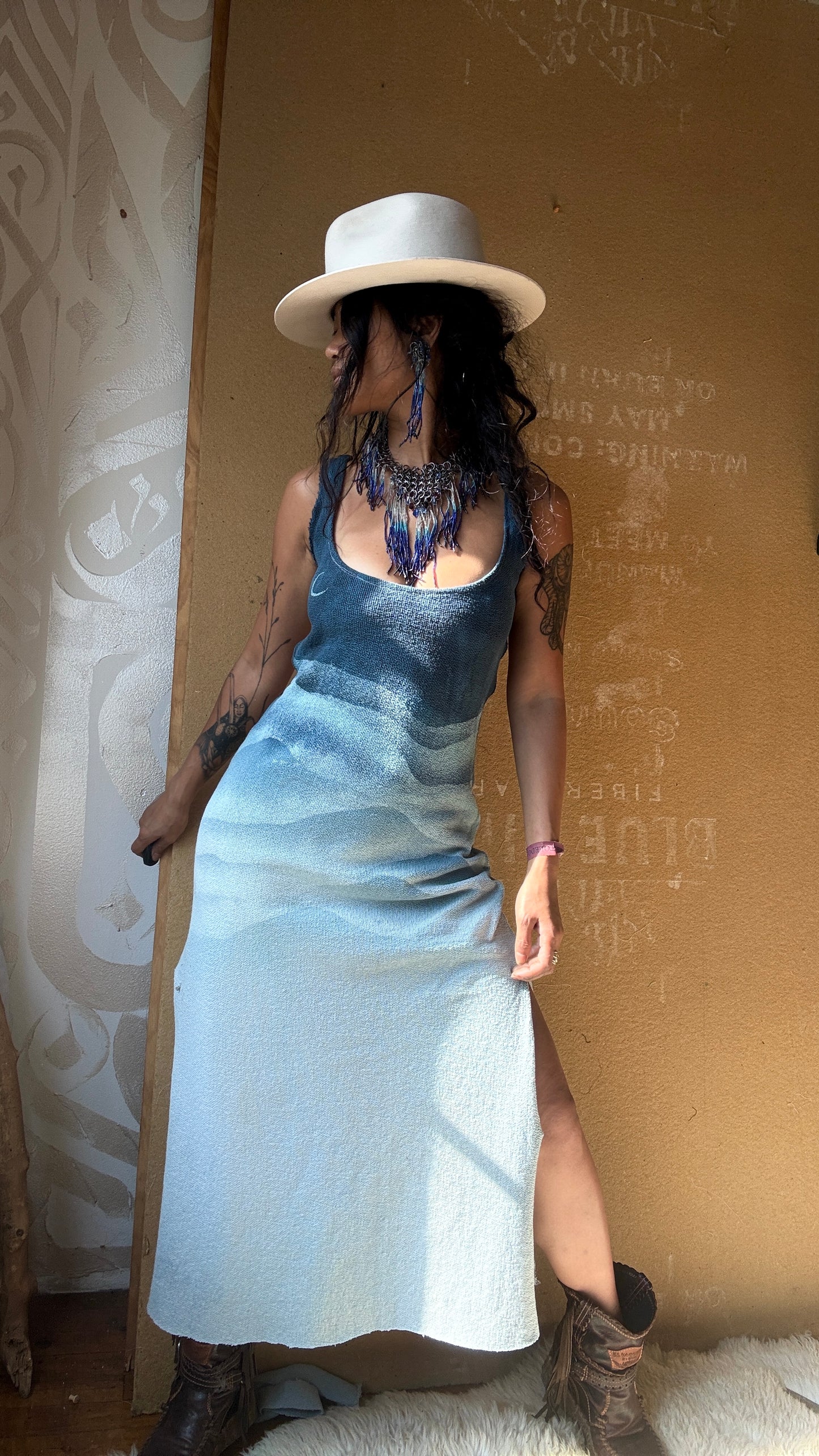 Small - Blue Ridge Mountains Dress - Side slits - Tie Back - Made from 100% Heavy weight knitted cotton - Blue dreams
