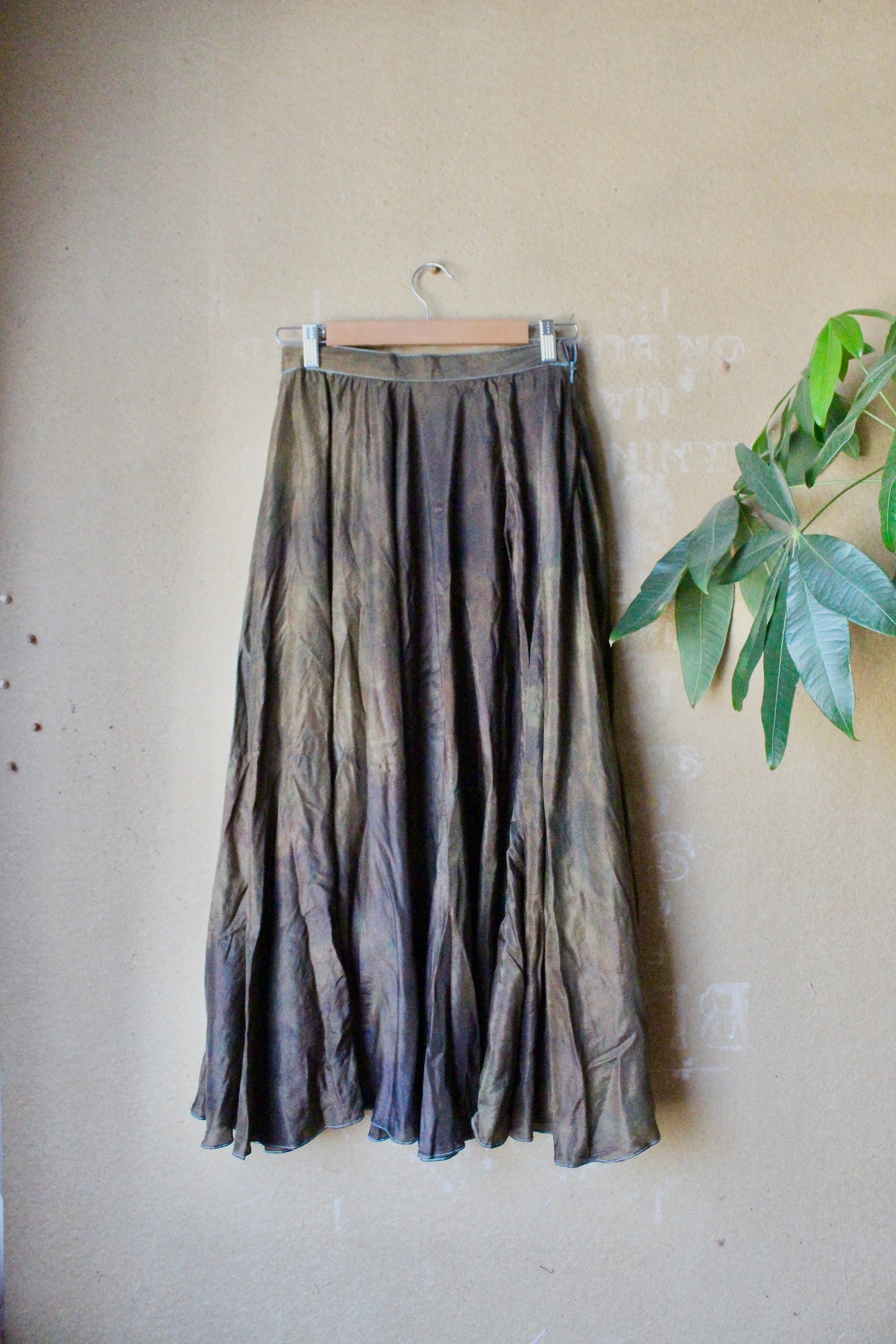 Marked Down -Small - Bronze Beetle Maxi/midi Skirt - Made from 8 meters of 100% Peace Ahisma Silk - Hand dyed- Olive green/bronze/brown -OOAK