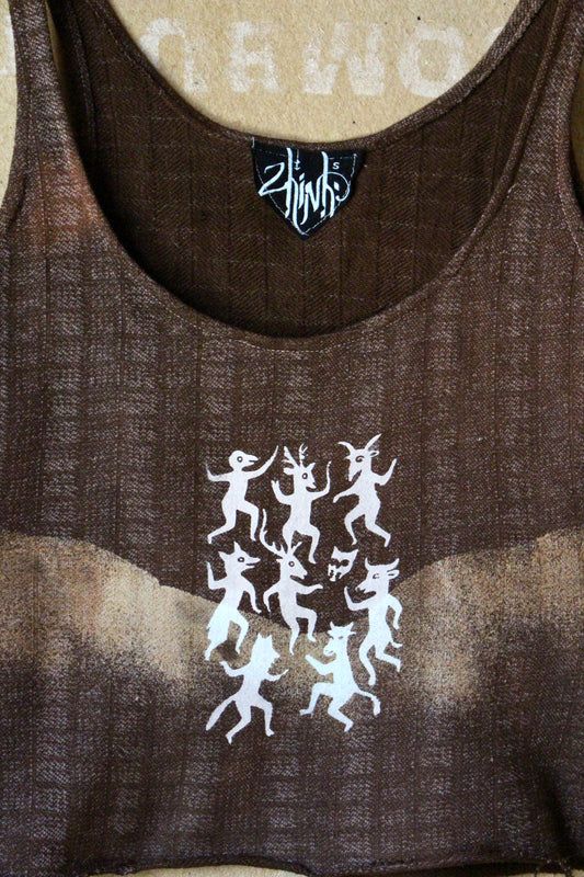 Small - Celebration of Life Tank Top- Unique Gridded 100% cotton dead stock fabric - dark brown