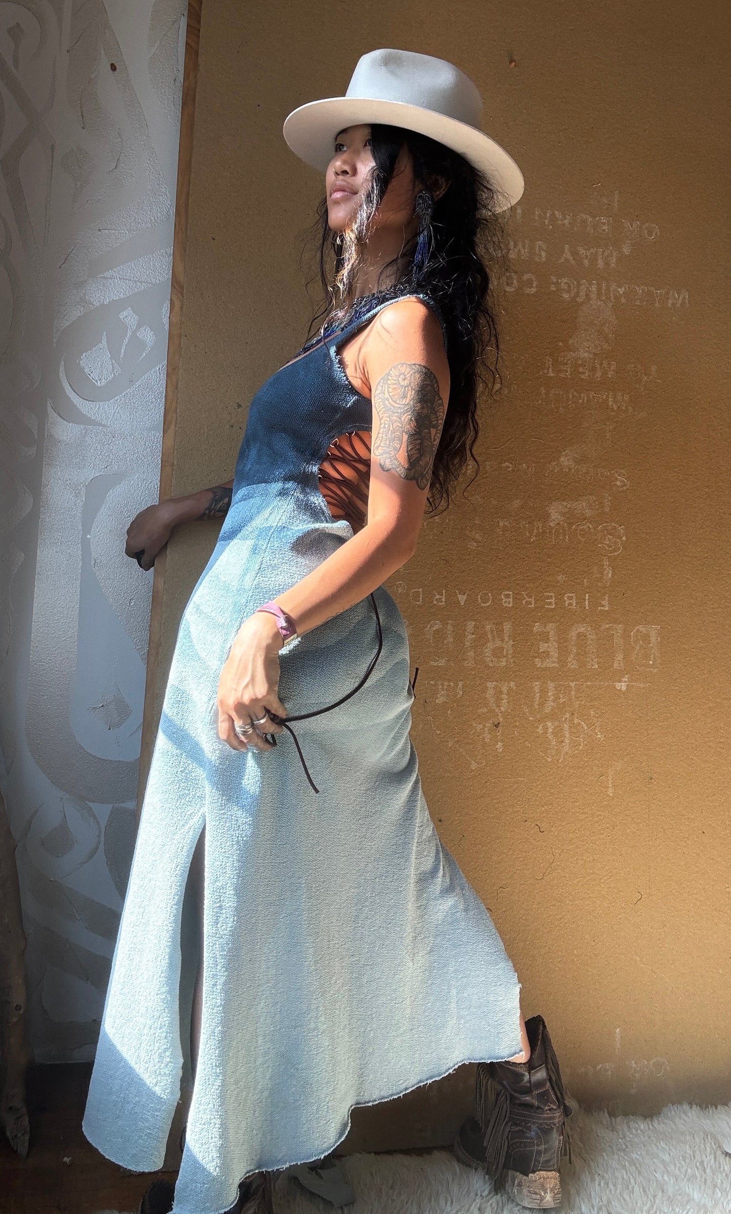 Small - Blue Ridge Mountains Dress - Side slits - Tie Back - Made from 100% Heavy weight knitted cotton - Blue dreams
