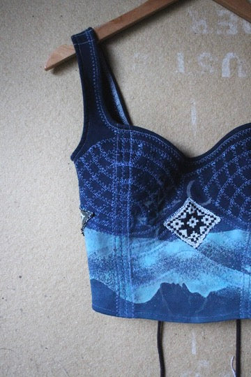 2 in stock- Fits XS/S - Deep Water Spirit Continuum/Integration -Corset Top - FUll length -100% thick sturdy heavy weight Cotton french terry - Deadstock fabric- regenra-zhinh