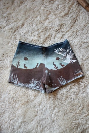 Small - Canyon Blues Bootie Shorts- Owl - THick French terry cotton heavy weigth sturdy durable -Screenprinted