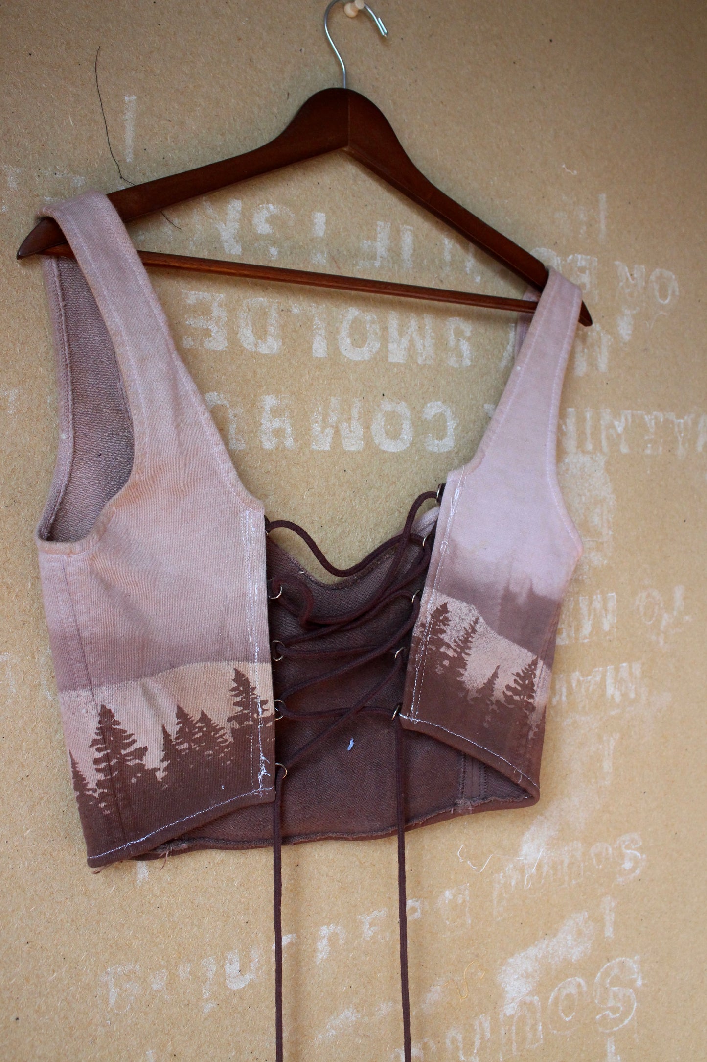 Large - Mauve Forest moon Landscape Corset Bustier Top- Screen printed - and stenciled - Made from 100% Cotton french terry thick sturdy heacy weight