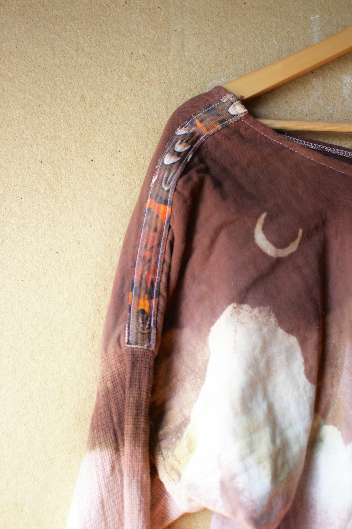 Medium - OOAK - Muave CLoudy Sky Slouchy Long Sleeve Top -Integration- 100% Heavy weight triple layered Cotton Gauze - Feather trim shoulders- Slight Crop. Vintage hmong hilltribe vietnamese patch hand woven