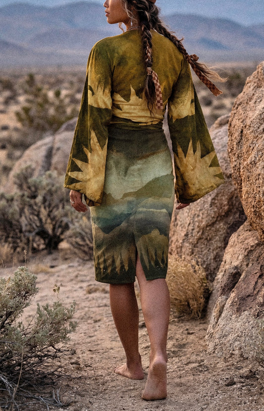 XS/S - Emerald Celestial Burst - Kimono Wrap Top- RTS- Made From Lotus Agricultural waste "Silk"